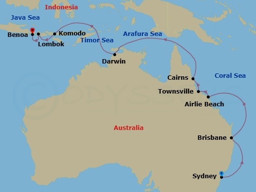 Route map: Sydney → Brisbane → Airlie Beach → Townsville → Cairns → Darwin → Komodo → Lombok (Lembar) → Bali (Benoa)