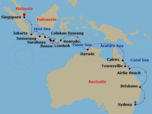 Route map: Sydney → Brisbane → Airlie Beach → Townsville → Cairns → Darwin → Komodo → Lombok (Lembar) → Bali (Benoa) → Celukan Bawang (Bali)