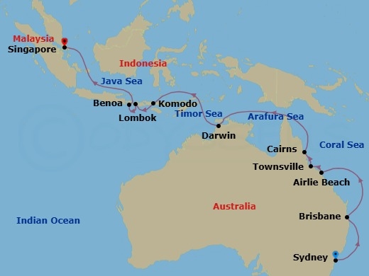 Route map: Sydney → Brisbane → Airlie Beach → Townsville → Cairns → Darwin → Komodo → Lombok (Lembar) → Bali (Benoa) → Singapore