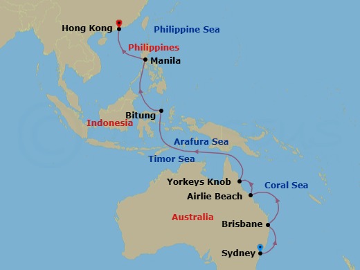 Route map: Sydney, NSW, Australia → Brisbane, QLD, Australia → Airlie Beach, QLD, Australia → Yorkeys Knob (tours to Cairns), QLD, Australia → Bitung, Indonesia → Manila, Philippines → Hong Kong, China