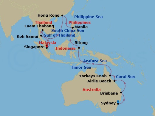 Route map: Sydney, NSW, Australia → Brisbane, QLD, Australia → Airlie Beach, QLD, Australia → Yorkeys Knob (tours to Cairns), QLD, Australia → Bitung, Indonesia → Manila, Philippines → Hong Kong, China → Laem Chabang (tours to Bangkok), Thailand → Ko Samui, Thailand → Singapore