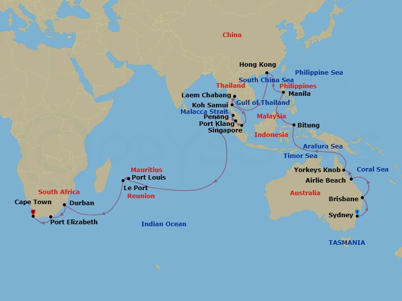 Route map: Sydney, NSW, Australia → Brisbane, QLD, Australia → Airlie Beach, QLD, Australia → Yorkeys Knob (tours to Cairns), QLD, Australia → Bitung, Indonesia → Manila, Philippines → Hong Kong, China → Laem Chabang (tours to Bangkok), Thailand → Ko Samui, Thailand → Singapore