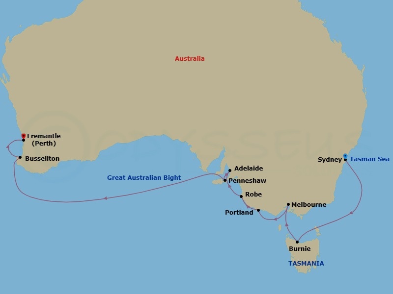 Route map: Sydney → Burnie → Melbourne → Auckland → Portland, Victoria, Australia → Adelaide → Penneshaw → Bussellton → Perth (Fremantle)