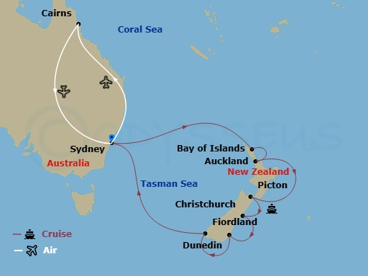 Route map: Sydney, Australia → Cairns, Australia → Sydney, Australia → Bay of Islands, New Zealand → Auckland, New Zealand → Picton, New Zealand → Christchurch (Lyttelton), New Zealand → Dunedin (Port Chalmers), New Zealand → Sydney, Australia