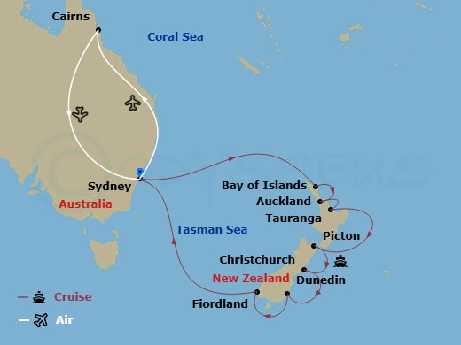Route map: Sydney, Australia → Cairns, Australia → Sydney, Australia → Bay of Islands, New Zealand → Auckland, New Zealand → Tauranga, New Zealand → Picton, New Zealand → Christchurch (Lyttelton), New Zealand → Dunedin (Port Chalmers), New Zealand → Sydney, Australia
