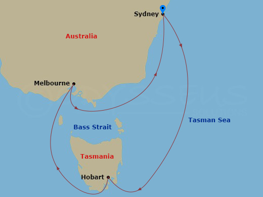 Route map: Sydney, Australia → Hobart, Tasmania → Melbourne, Australia → Sydney, Australia