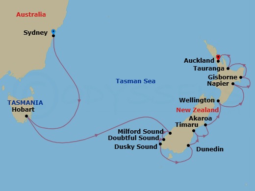 Route map: Sydney → Hobart → Milford Sound → Doubtful Sound → Perth (Fremantle) → Dunedin → Timaru → Akaroa → Wellington → Tauranga Nova ZelAndia