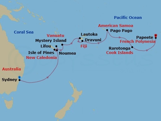 Route map: Sydney → Isle Of Pines → Noumea → Lifou Island → Mystery Island → Lautoka → Dravuni → Crossing The International Date Line → Pago Pago → Rarotonga
