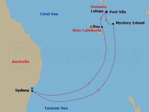 Route map: Sydney, Australia → Lifou, Loyalty Island → Vila, Vanuatu → Royal Beach Club Lelepa → Mystery Island, Vanuatu → Sydney, Australia