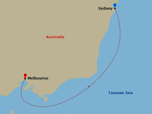 Route map: Sydney, Australia → Melbourne, Australia