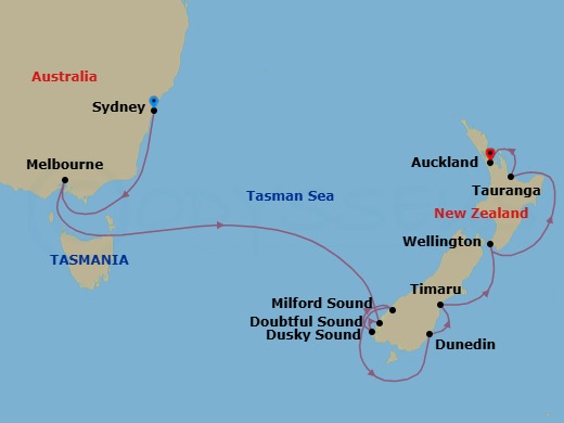 Route map: Sydney, Australia → Melbourne, Australia → Cruise Doubtful Sound, New Zealand → Cruise Dusky Sound, New Zealand → Milford Sound, New Zealand → Dunedin, New Zealand → Timaru, New Zealand → Wellington, New Zealand → Tauranga, New Zealand → Auckland, New Zealand