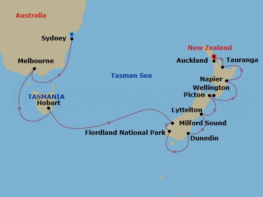 Route map: Sydney, Australia → Melbourne, Australia → Hobart, Tasmania, Australia → Milford Sound, New Zealand → Port Chalmers (Dunedin), New Zealand → Lyttelton (Christchurch), New Zealand → Picton, New Zealand → Wellington, New Zealand → Napier, New Zealand → Tauranga (Rotorua), New Zealand