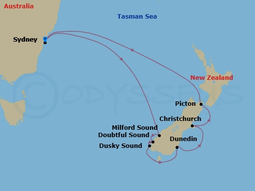 Route map: Sydney, Australia → Milford Sound, New Zealand → Doubtful Sound → Dusky Sound → Dunedin, New Zealand → Christchurch, New Zealand → Picton, New Zealand → Sydney, Australia