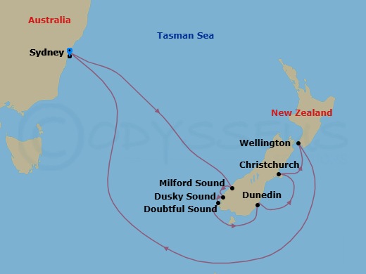 Route map: Sydney, Australia → Milford Sound, New Zealand → Doubtful Sound → Dusky Sound → Dunedin, New Zealand → Christchurch, New Zealand → Wellington, New Zealand → Sydney, Australia