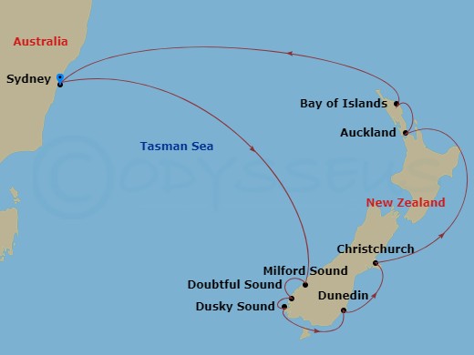 Route map: Sydney, Australia → Milford Sound, New Zealand → Doubtful Sound → Dusky Sound → Dunedin, New Zealand → Christchurch, New Zealand → Auckland, New Zealand → Bay Of Islands, New Zealand → Sydney, Australia