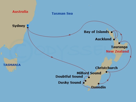 Route map: Sydney, Australia → Milford Sound, New Zealand → Doubtful Sound → Dusky Sound → Dunedin, New Zealand → Christchurch, New Zealand → Tauranga,New Zealand → Bay Of Islands, New Zealand → Auckland, New Zealand → Sydney, Australia