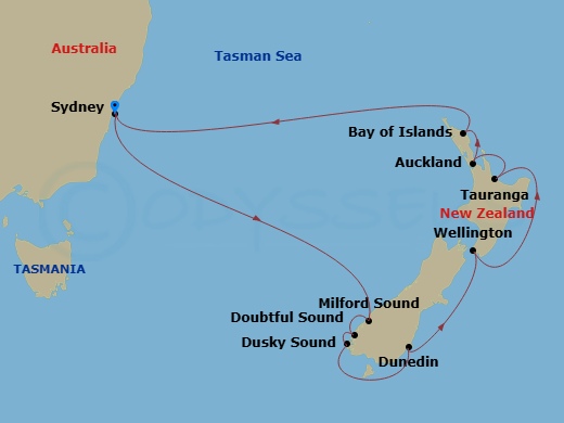 Route map: Sydney, Australia → Milford Sound, New Zealand → Doubtful Sound → Dusky Sound → Dunedin, New Zealand → Wellington, New Zealand → Tauranga,New Zealand → Auckland, New Zealand → Bay Of Islands, New Zealand → Sydney, Australia