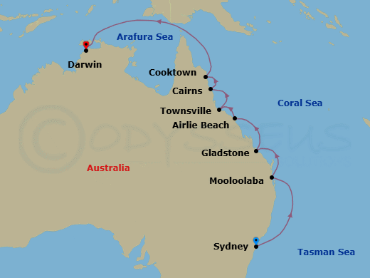 Route map: Sydney → Mooloolaba → Gladstone → Airlie Beach → Townsville → Cairns → Cooktown → Darwin