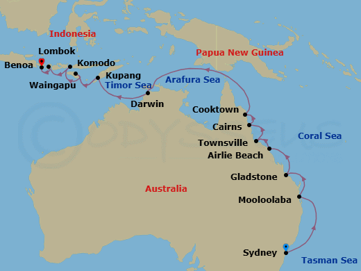 Route map: Sydney → Mooloolaba → Gladstone → Airlie Beach → Townsville → Cairns → Cooktown → Darwin → Kupang (West Timor) → Waingapu (Sumba)