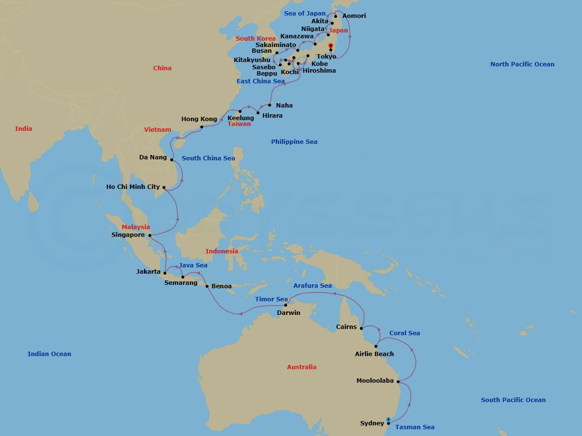 Route map: Sydney → Mooloolaba, Queensland → Airlie Beach, Queensland → Cairns → Darwin → Benoa, Bali → Semarang → Jakarta → Singapore → Ho Chi Minh City