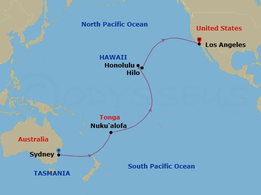 Route map: Sydney, NSW, Australia → Nuku'alofa, Tonga → Cross International Date Line (Cruise-by) → Honolulu, HI, USA → Hilo, HI, USA → Los Angeles, CA, USA