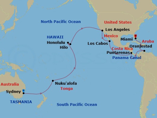 Route map: Sydney, NSW, Australia → Nuku'alofa, Tonga → Cross International Date Line (Cruise-by) → Honolulu, HI, USA → Hilo, HI, USA → Los Angeles, CA, USA → Cabo San Lucas, Mexico → Puntarenas, Costa Rica → Transit the Panama Canal,     Panama (Full Transit) → Oranjestad, Aruba