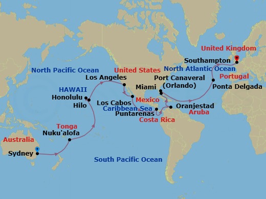Route map: Sydney, NSW, Australia → Nuku'alofa, Tonga → Cross International Date Line (Cruise-by) → Honolulu, HI, USA → Hilo, HI, USA → Los Angeles, CA, USA → Cabo San Lucas, Mexico → Puntarenas, Costa Rica → Transit the Panama Canal,     Panama (Full Transit) → Oranjestad, Aruba