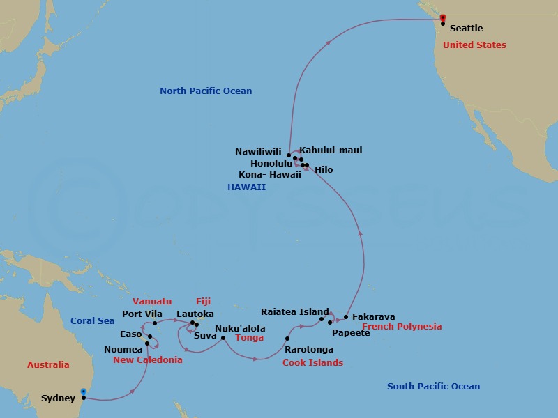 Route map: Sydney, Australia → Noumea, New Caledonia → Easo, Lifou, New Caledonia → Port Vila, Vanuatu → Suva, Viti Levu, Fiji Islands → Lautoka, Fiji → Nuku alofa, Tonga → Cross International Dateline → Rarotonga, Cook Islands → Raiatea, Society Islands, French Polynesia
