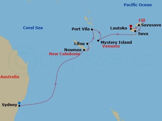 Route map: Sydney, Australia → Noumea, New Caledonia → Lifou, New Caledonia → Port Vila, Vanuatu → Mystery Island, Vanuatu → Suva, Fiji → Savusavu, Fiji → Lautoka, Fiji