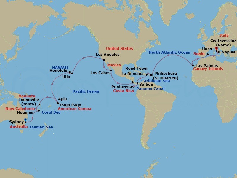 Route map: Sydney Australia → Noumea New Caledonia → Luganville Vanuatu → Apia Western Samoa → Pago Pago American Samoa → Honolulu Hawaii → Hilo Hawaii → Los Angeles United States → Cabo San Lucas Mexico → Puntarenas (San Jose) Costa Rica