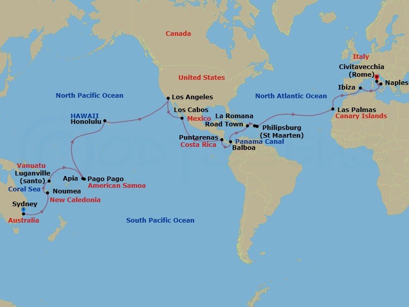 Route map: Sydney → Noumea → Dunedin New Zealand → Apia → Pago Pago → Honolulu → Los Angeles → Los Cabos → Puntarenas → Balboa