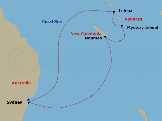 Route map: Sydney, Australia → Noumea, New Caledonia → Mystery Island, Vanuatu → Royal Beach Club Lelepa → Sydney, Australia
