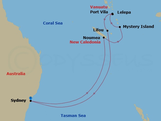 Route map: Sydney, Australia → Noumea, New Caledonia → Mystery Island, Vanuatu → Royal Beach Club Lelepa → Vila, Vanuatu → Lifou, Loyalty Island → Sydney, Australia