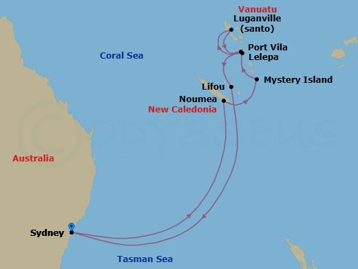 Route map: Sydney, Australia → Noumea, New Caledonia → Mystery Island, Vanuatu → Vila, Vanuatu → Luganville, Vanuatu → Royal Beach Club Lelepa → Lifou, Loyalty Island → Sydney, Australia