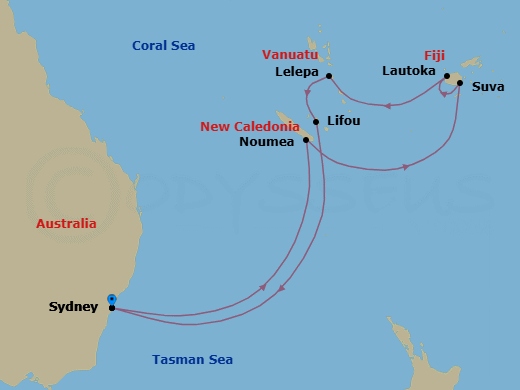 Route map: Sydney, Australia → Noumea, New Caledonia → Suva, Fiji → Lautoka, Fiji → Royal Beach Club Lelepa → Lifou, Loyalty Island → Sydney, Australia