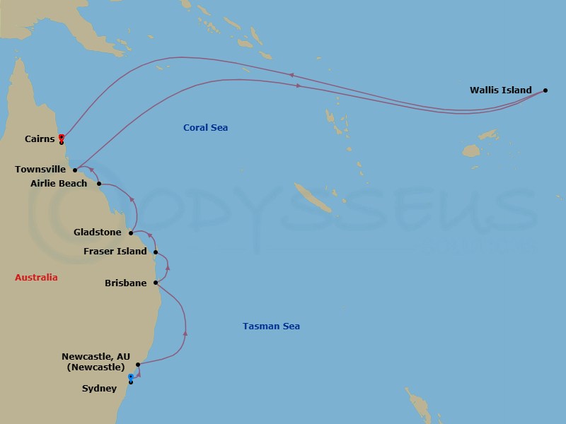 Route map: Sydney → Newcastle → Brisbane → Fraser Island → Gladstone → Airlie Beach, Queensland → Townsville → Cairns