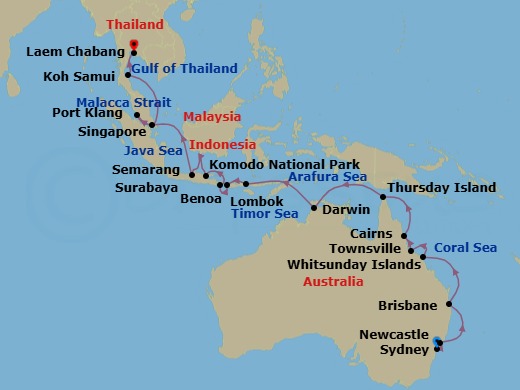 Route map: Sydney → Newcastle → Brisbane → Whitsunday Island (Airlie Beach) → Townsville → Cairns → Thursday Island → Darwin → Komodo National Park (Rinca) → Lombok