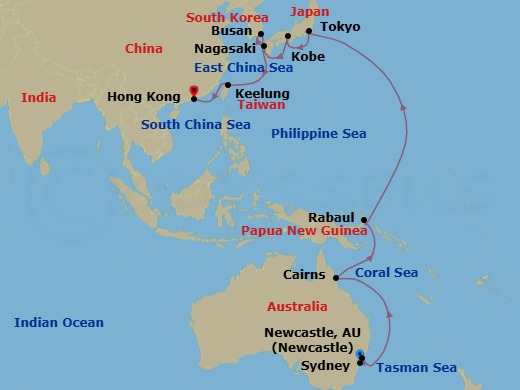 Route map: Sydney → Newcastle (New South Wales) → Cairns → RABAUL → Tokyo → Kobe (Kyoto) → Nagasaki → BUSAN → Keelung (Taipei) → HONGKONG