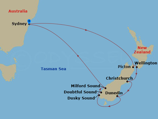 Route map: Sydney, Australia → Picton, New Zealand → Wellington, New Zealand → Christchurch, New Zealand → Dunedin, New Zealand → Dusky Sound → Doubtful Sound → Milford Sound, New Zealand → Sydney, Australia
