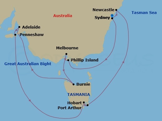 Route map: Sydney, Australia → Phillip Island, Victoria, Australia → Melbourne, Australia → Burnie, Tasmania, Australia → Adelaide, South Australia, Australia → Penneshaw, Kangaroo Island, Australia → Hobart, Tasmania, Australia → Port Arthur, Australia → Newcastle, New South Wales, Australia → Sydney, Australia