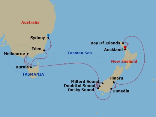 Route map: At Hotel → Sydney, Australia → Eden, Australia → Burnie  Tasmania, Australia → Melbourne, Australia → Cruise Doubtful Sound, New Zealand → Cruise Dusky Sound, New Zealand → Milford Sound, New Zealand → Dunedin, New Zealand → Timaru, New Zealand