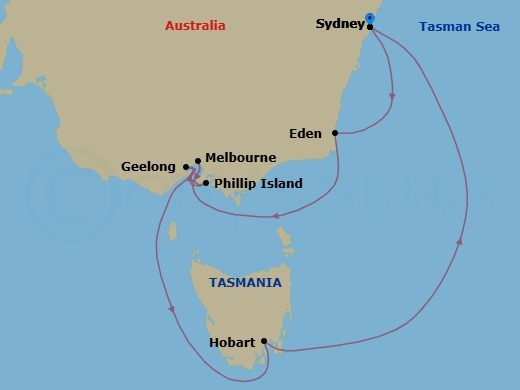 Route map: Sydney → Eden → Melbourne → Phillip Island → Geelong → Hobart (Tasmania) → Sydney