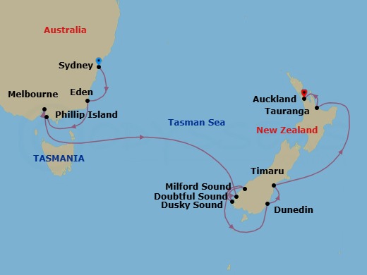 Route map: Sydney, Australia → Eden, Australia → Phillip Island (Cowes), Australia → Melbourne, Australia → Cruise Doubtful Sound, New Zealand → Cruise Dusky Sound, New Zealand → Milford Sound, New Zealand → Dunedin, New Zealand → Timaru, New Zealand → Tauranga, New Zealand