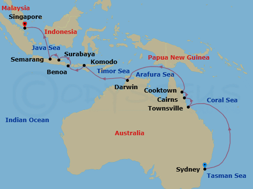 Route map: Sydney → Townsville → Cairns → Cooktown → Darwin → Komodo → Bali (Benoa) → Surabaya → Semarang (Java) → Singapore