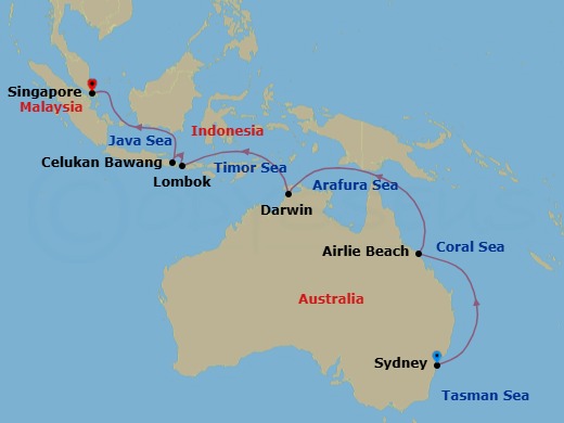 Route map: Sydney, Australia → Airlie Beach, Qld, Australia → Darwin, Australia → Lombok, Indonesia → Celukan Bawang, Indonesia → Singapore, Singapore