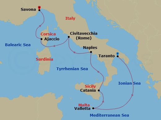 Route map: Taranto → MALTA LA VALLETTA → Catania → Naples → Civitavecchia (Rome) → Ajaccio (Corsica) → Savona