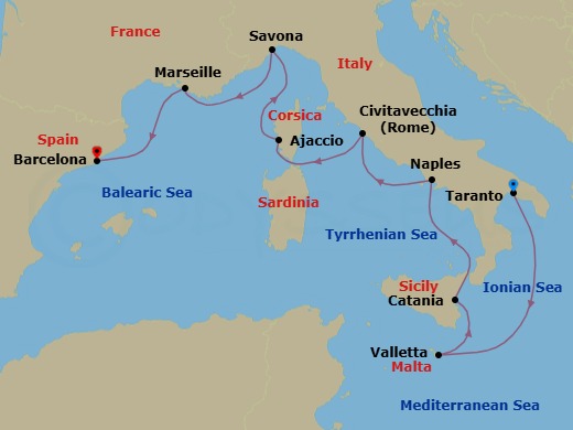 Route map: Taranto → MALTA LA VALLETTA → Catania → Naples → Civitavecchia (Rome) → Ajaccio (Corsica) → Savona → Marseille → Barcelona