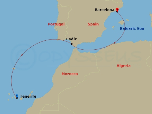 Route map: Santa Cruz (Tenerife) → Cadiz → Barcelona