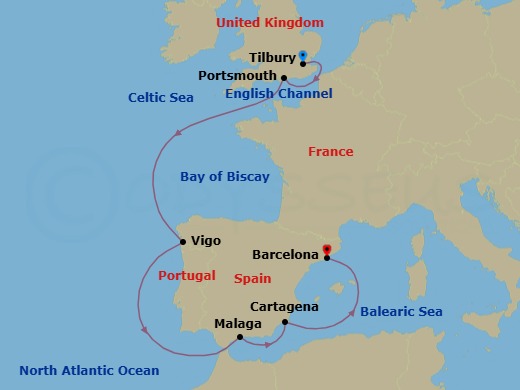 Route map: London (Tilbury) → Portsmouth → Scenic Sailing English Channel → Vigo → Granada (Malaga) → Murcia (Cartagena) → Barcelona