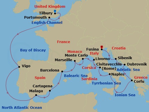 Route map: London (Tilbury) → Portsmouth → Vigo → Granada (Malaga) → Murcia (Cartagena) → Barcelona → Marseille → Monte Carlo → Florence/Pisa (Livorno) → Rome (Civitavecchia)